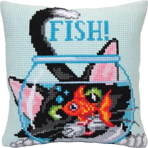 Cross Stitch Cushion Front Cat and Fish Needlepoint Kits Printed Canvas Chunky Yarn Cross-stitch Pillow Case Hobby and Crafts
