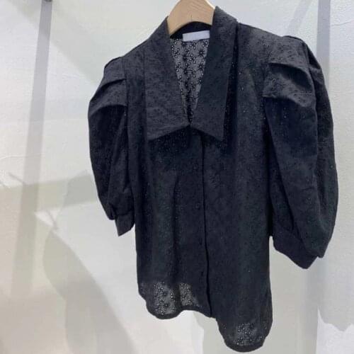 Summer Womens Shirt Korean Version of Pure Color Lapel Hollow Puff Sleeve T-shirt New Loose Casual Female Slimming Tops LH307