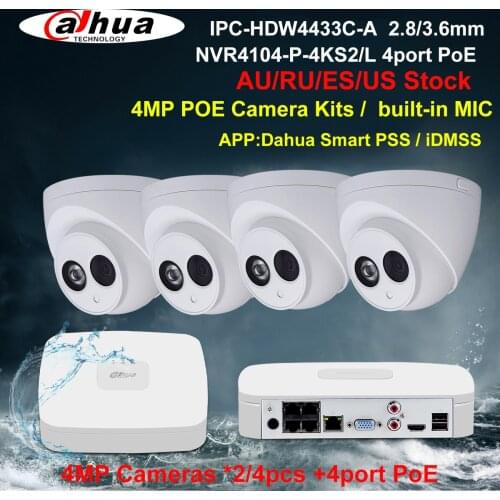 Dahua Security Camera System 4MP PoE CCTV Kit IPC-HDW4433C-A NVR4104-P-4KS2/L 4CH NVR Recorder 2/4pcs IP Camera Build in Mic