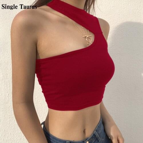 Women Tanks O Neck Sleeveless Summer Crop Top Women Irregular Hollow Out Tanks Short Length Red Streetwear Tops Ropa De Mujer