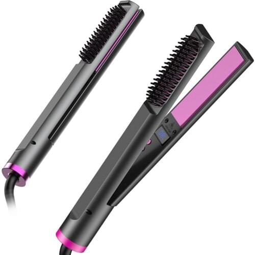 2 In 1 Hair Straightener Flat Iron Electric Plug In Hot Comb Hair Straightener Brush With Adjustable Temperature