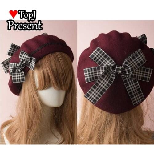 Japanese Kawaii Beret Hat Lolita Teenage heart Sweet Woolen Handmade Cute Waves Bow Warm Autumn Winter Painter Hat Headdress