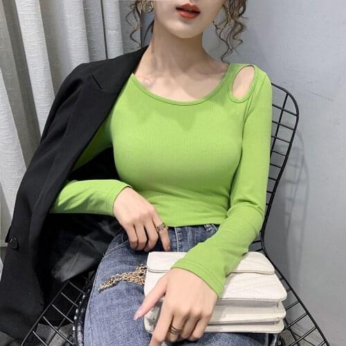 Gkfnmt T Shirt Women Long Sleeve Tshirt Woman 2020 Camisetas Mujer Hollow Out Womens Tops Sexy Cotton T-Shirts Blue Tee Shirt