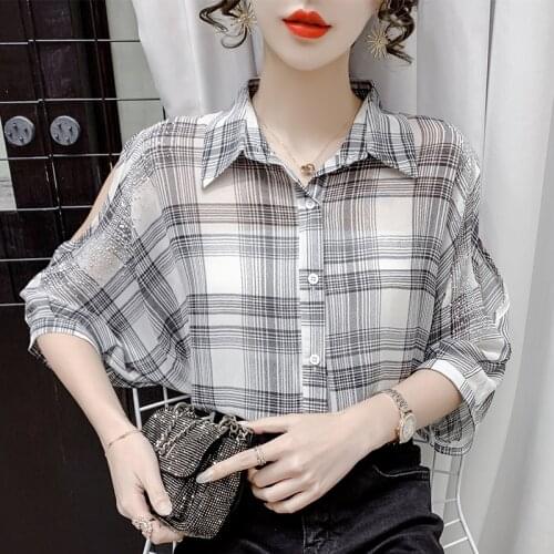 Real photo 2021 summer new design plaid shirt women loose grid shirt off-shoulder hot drill short sleeved dresses