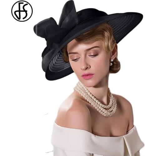 FS Fascinators Kentucky Derby Hat For Women Elegant Lady Black White Bow Tea Party Church Hats Summer Wide Brim Woman Fedoras