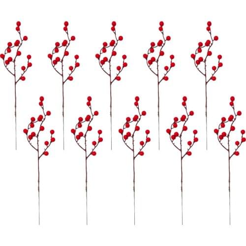 10PCS Red Berry Twig Stem Artifical Flower Christmas Decoration Floral Decor 32CM Fortune Fruit Plastic Home Decor