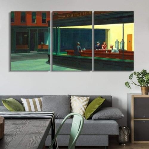 3 Panel Canvas wall art Nighthawks by Edward Hopper - Canvas Art Wall Decor , Ready to Hang Drop shipping