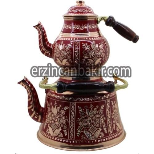 Antik Klasik El Dövmesi Bakır Çaydanlık El Yapımı 10 Kişilik Çay Demleme Aparatı % 100 Bakır ÇAY-128