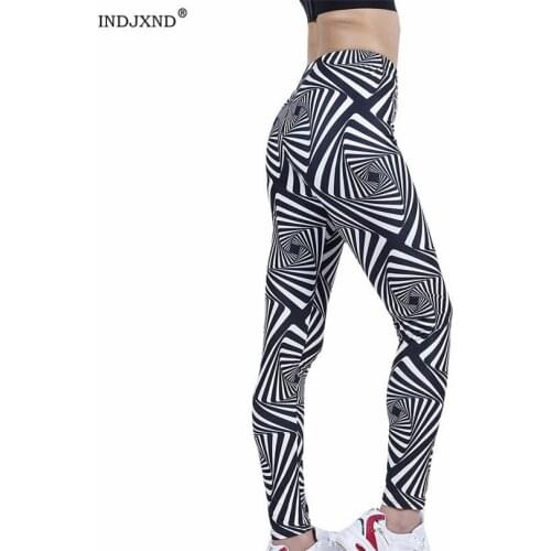 INDJXND Black White Pants Striped Elastic Trousers Print Fitness Leggings For Women Sporting Workout Leggins Breathable Clothes