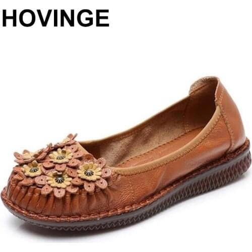 HOVINGEPromotion Top Cowhide Flowers Shoes Woman Fashion Shoes Soft Comfortable Flats 2020 New Spring Genuine Leather Shoes Flat