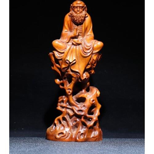 7"China Lucky Old Boxwood Hand-carved Master Dharma Bodhidharma Sitting Buddha Enshrine the Buddha Ornaments Town House Exorcism
