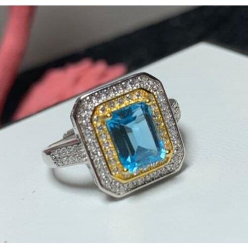 BOCAI real Natural blue topaz ring s925 pure silver light luxury densely inlaid atmosphere woman ring