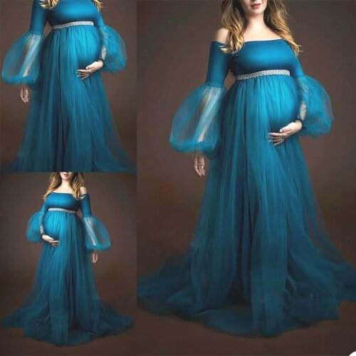Summer Pregnant Women Sleepwear Off Shoulder Tulle Long Sleeve Nightdress For Photography Wedding Party Evening Dress Wear