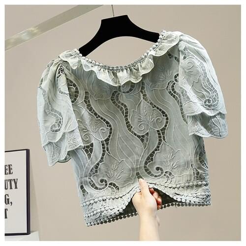 Fashion Pleated Hollow Lace Shirt Women Temperament All-Matching Short Sleeve Blouse Girls Ladies All-Match Crop Top Blusas