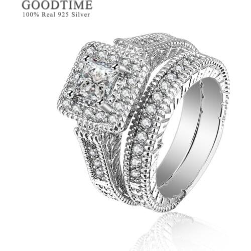 Luxury Ring Set For Women Lady 100% Pure 925 Sterling Silver Blue Zircon Rhinestone Glitter Jewelry Engagement Wedding Ring