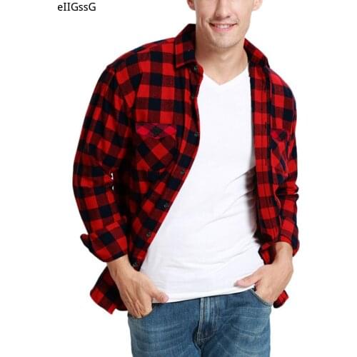 New Mens Pocket Flannel Plaid Cotton Fashion Shirt Long-sleeved Checkered Casual Slim Black Warm Autumn and Winter Shirt New