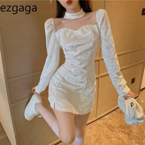 Ezgaga Dot Mesh Patchwork Party Dress Women Velour Korean Fashion Split Long Sleeve Sexy Bodycon Dress Elegant Vestidos Feminino