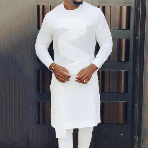 Casual Mens Muslim Mid-length T-shirt Loose Long Sleeve Print Stitching White Tops Mens African Shirts Young Fashion Fall 2021