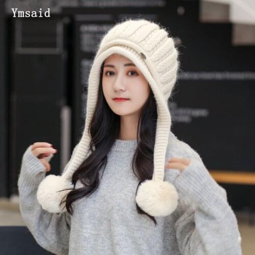 Fashion Winter Beanie Hat Women Rabbit Fur Knitted Hat Ladies Thick Warm Fur Pompom Hat Female Ear Protection Cap 2020 New