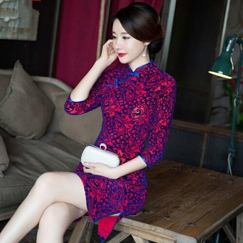 Super Quality Autumn The New Velvet 3/4 Long Sleeves Slim Cheongsams Flower Printing Daily Dress