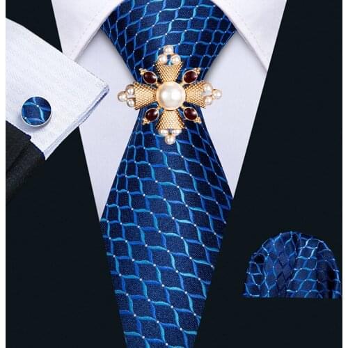 Wedding Tie Blue Geometric Silk Tie Hanky Cufflinks Brooch Set Barry.Wang Jacquard Woven Fashion Designer Neck Tie For Men Party