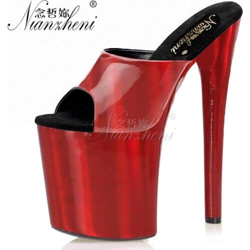 Fashion Patent leather Shallow Thick platform heels Small Size Women Slippers 20CM Super High heeled shoes 8 inch Cross dressing