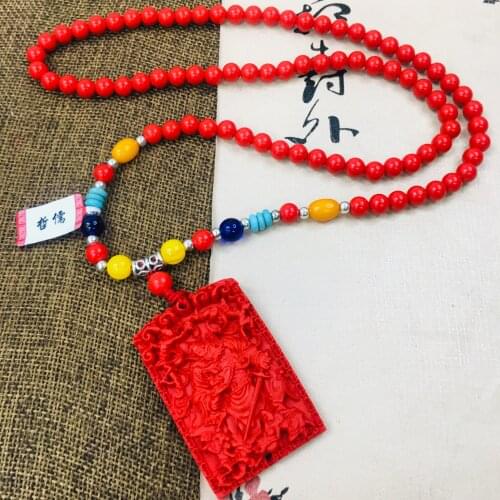 Zhe Ru Jewelry Natural Cinnabar Carved Vintage Devil Pendant with Tri-Color Bead Necklace Mens Sweater Chain