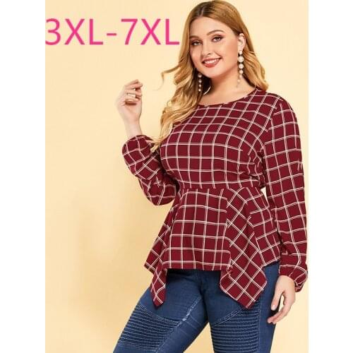 New 2021 spring autumn plus size tops for women large blouse slim casual long sleeve red plaid ruffle shirt 3XL 4XL 5XL 6XL 7XL