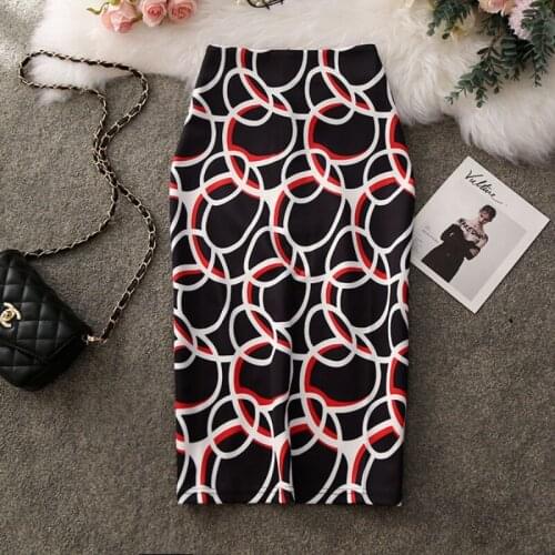 European and American-Style Geometric Printing Ring Bag Hip Mid-Length over-the-Knee Skirt High Waist plus size women skirts