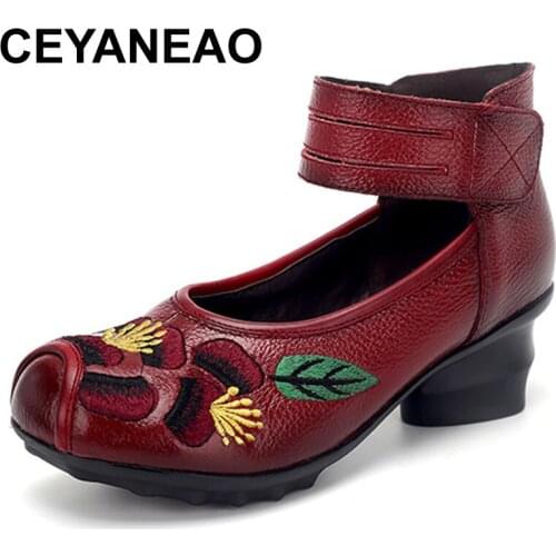 CEYANEAO 2020 Spring and Summer Ethnic Style Genuine Leather Handmade Shoes Women Mid Heels Pumps Round Toe High Heels