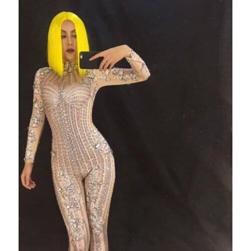 Women Jumpsuit Full Sparkling Rhinestones Bodysuit Nightclub Dj ds Stage Wear Sexy Costume Singer Dancer Clothing