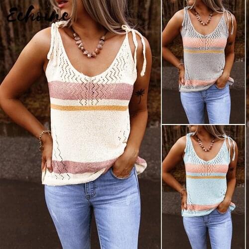 Echoine Deep V Neck Spaghetti Straps Kitted Patchwork Top Sexy Bandage Sleeveless Crochet Tank Top Fshion on Beach Daily Life