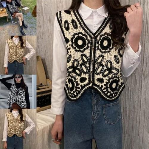 Women Vintage Hollow Out Crochet Crop Top Vest Embroidery Floral Sleeveless Jacket Cardigan Button Down Boho Hippie Casual