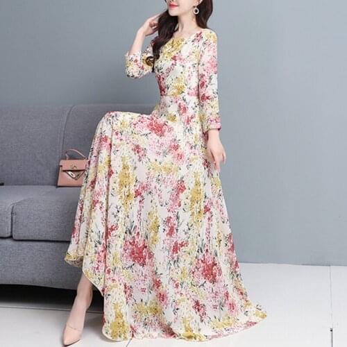 2021 Vestidos Casual Print Female O-Neck Chiffon 3XL Robe Blue Yellow Pink Womens Party Full Sleeve Autumn Long Lady Dresses