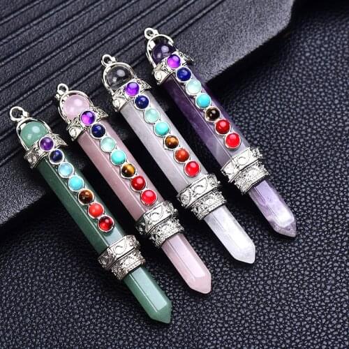 1PC Natural 7 Chakra Wand Crystal Pencil Point Pendulum Pendant For Dowsing Reiki Amethyst Rose Quartz Pendulo Meditation Gifts
