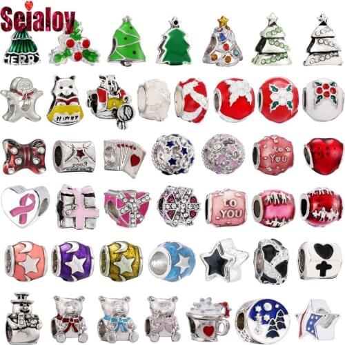 Seialoy 2pcs Red Heart Beads Gift Bag Green Reindeer Christmas Tree Star Charm Fit Diy Xmas Bracelets Jewelry Making Accessory