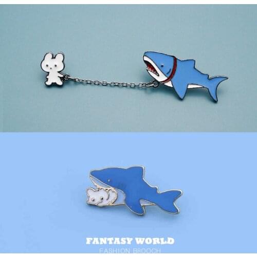 30s Cute Romantic Rabbit Chain Shark Brooch Unisex Badge Cartoon Pin Decoration Creativity Versatile Button Book Bag Accessories