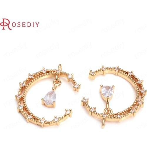 39878)6PCS 21x27MM 24K Champagne Gold Color Brass and Zircon with Drop Shape Moon Charms Pendants Jewelry Making Supplies
