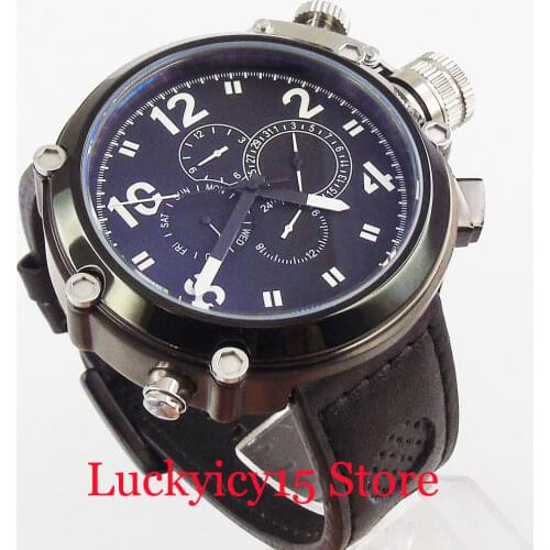 Big Luxury 50mm Automatic Mens Watch Big Crown Week and Date Indicator PVD Case Wristwatch