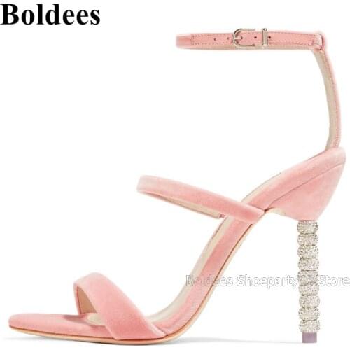 Designer Bling Bling Crystal 10cm High Heel Sandals Woman Summer Sexy Narrow Belt Straps Heeled Dress Shoes Evening Party Shoe