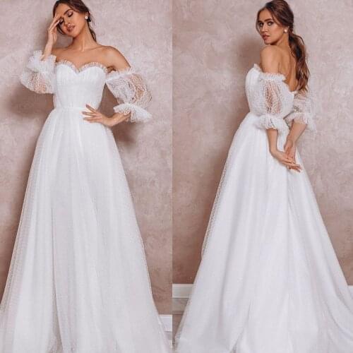Princess Polka Dotted Tulle Sweetheart Wedding Dress Custom Made Plus Size Long Off Shoulder Short Lantern Sleeves Bridal Gown