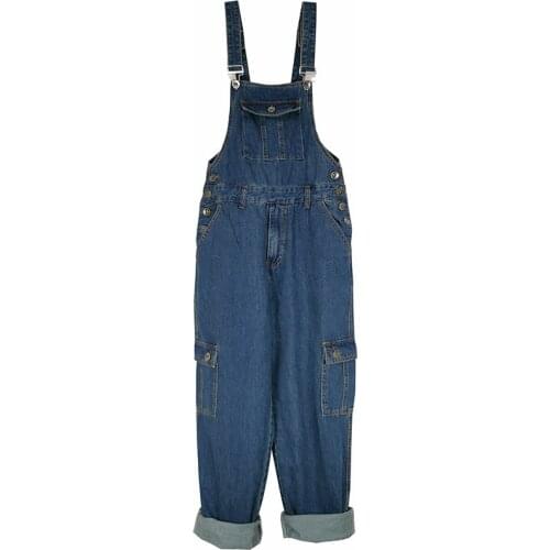 Jeans Men Hip hop Vintage Mens Denim Overalls Mens Tooling Jumpsuit Multi-pocket strap Straight pants Blue jeans