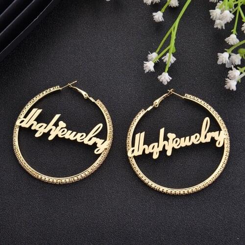 HIYONG 2021 New Personalized Custom Earrings White Zircon Hoop Earring Stainless Steel Name Earrings Hip Hop Jewelry for Women