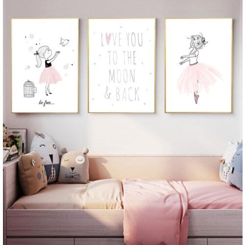 Art Canvas Painting Prints Ballet Girl Bedroom Picture Kids Room Poster Pink Rabbit Children Poster Baby Room Decor Nursery Wall