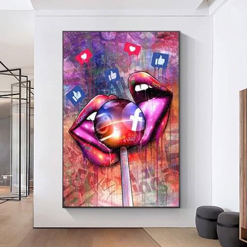 Sexy Lips Lollipop Art Canvas Painting Graffiti Art Street Wall Posters and Prints Cuadros Wall Picture for Living Room Decor