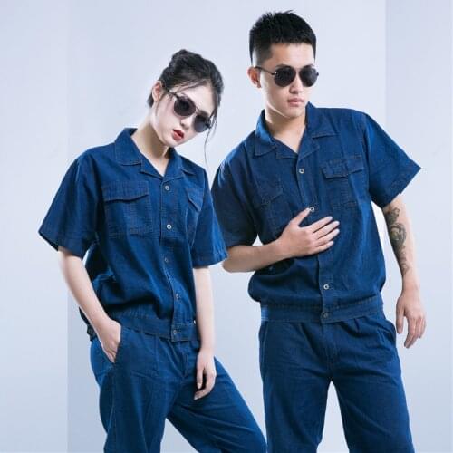 Summer Mens work clothes denim working coverall breathable short sleeve comfortable shirt+pants auto repair uniforms welder suit