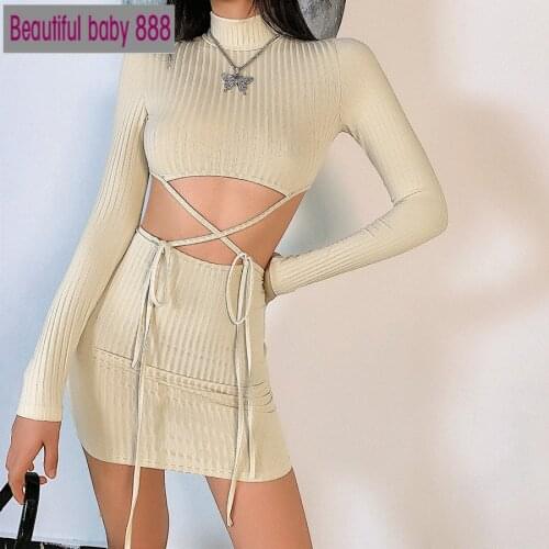 Meqeiss Sexy Bandage Hollow Out Knitted Solid Crop Tops mini Skirts 2two pieces sets Women Long Sleeve skinny autumn casual suit
