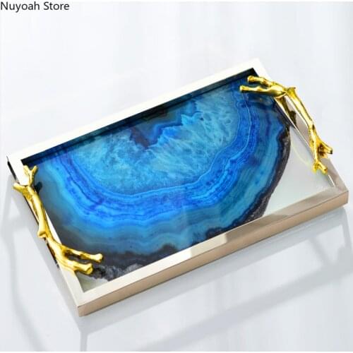 Nordic Metal Agate Tray Light Luxury Rectangle/Round Tea Tray Living Room Fruit Tray Display Tray Household Bathroom Decoration
