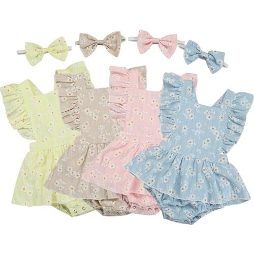 Toddler Baby Girls Clothes Romper With Headband Daisy Print Square Collar Ruffle Fly Sleeve Bodysuit Hairband For Girls 2021