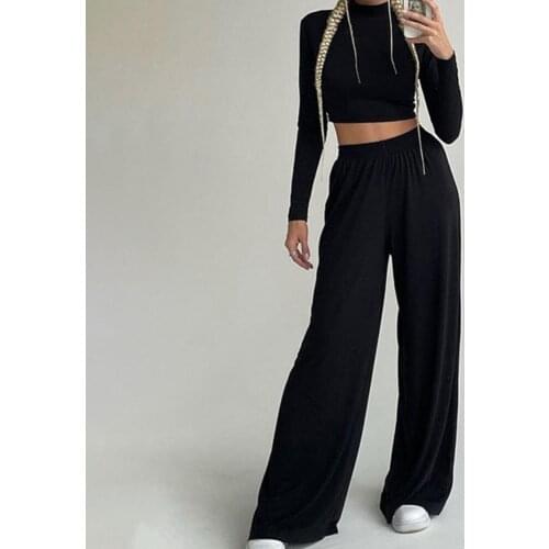 Casual Long Sleeve Women Tracksuit Solid Color Comfy Breathable Elastic Waist Wide Leg Turtleneck Cropped Top Tracksuit for Home